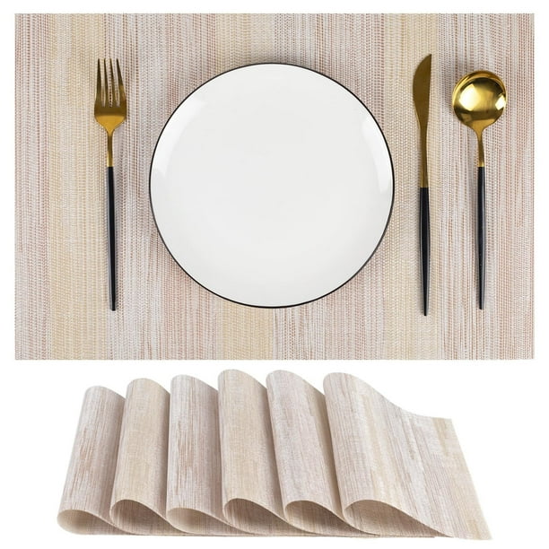 Juego de 6 manteles individuales tejidos color beige, resistentes al calor, impermeables y fáciles de limpiar, tapetes sintéticos duraderos para mesa de comedor para cocina, restaurante y