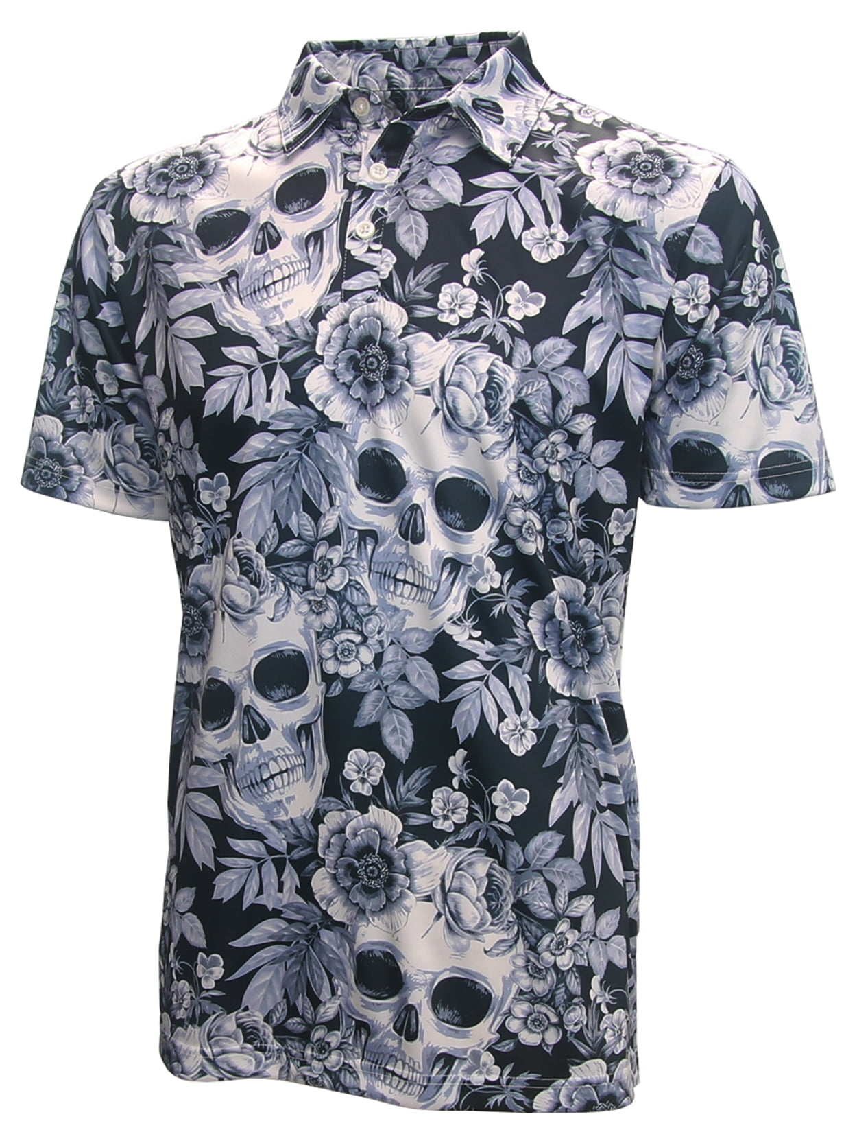 Loudmouth Men's Fancy Skull Garden Golf Polo, Small Black/White