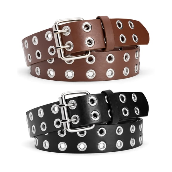 Timarkment 2pcs Belts for Women Double Grommet Womens Belts for Jeans Studded Punk Women's Leather Belt, up to 33"