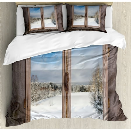 Rustic Duvet Cover Set Winter Season Scene From A Wooden Window