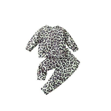 

Seyurigaoka Baby Leopard Pants Set Long Sleeve Round Neck Tops Long Pants