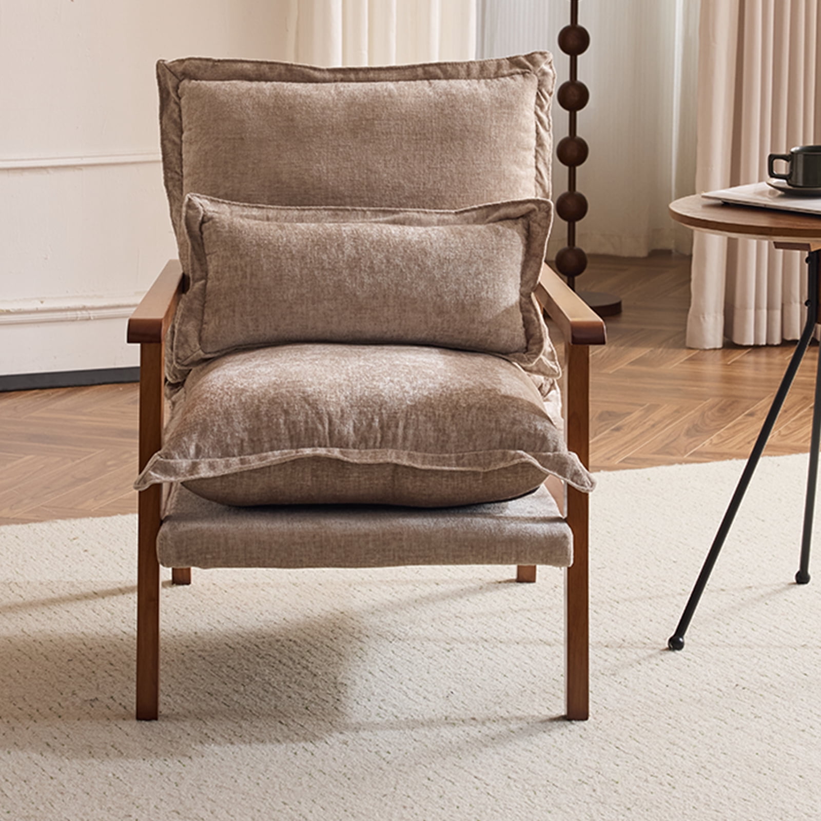 Cloud Shaped Indoor Leisure Chair with Solid Wood Armrest, Chenille Fabric Accent Chair with Lumbar Pillow, Khaki