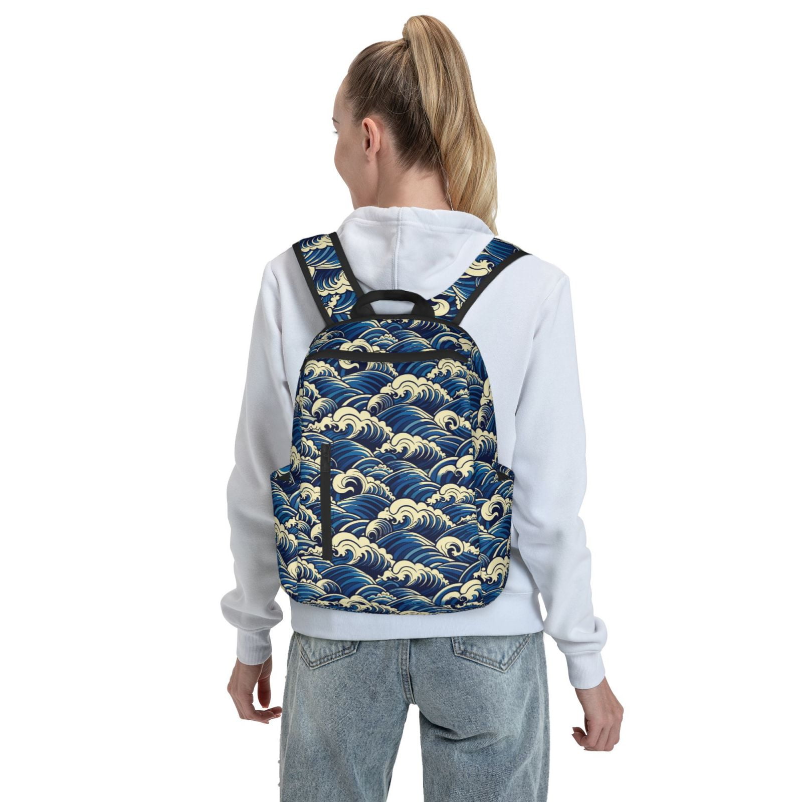 Defioc Japanese Water Wave Pattern Travel Laptop Backpack,Lightweight Backpack Travel Hiking Daypack Backpack Work Bag for Men Women