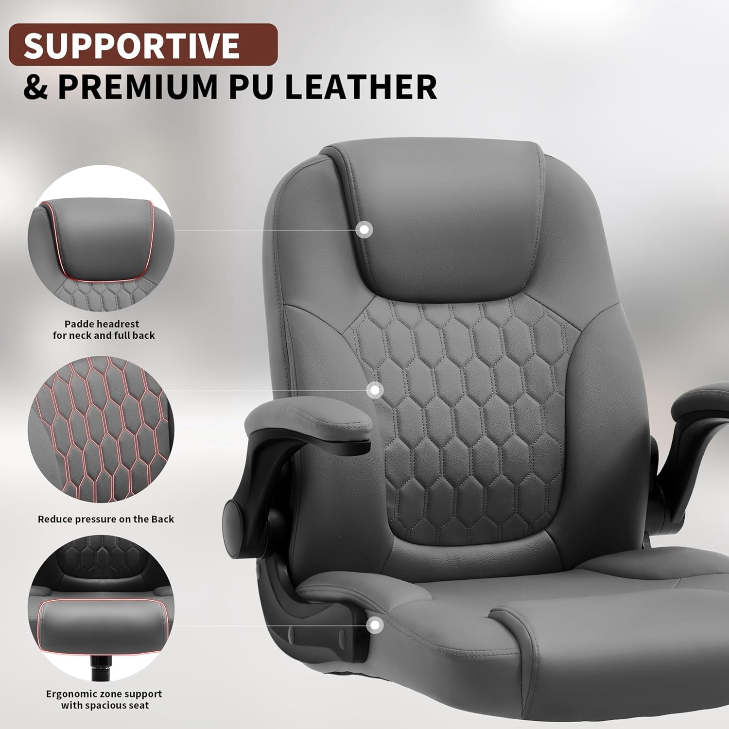 Nexthro Executive Office Chair PU,Leather Office Chair with Wheels,360° Swivel Rolling Chair with Padded Arms,Ergonomic Computer Chair with Lumbar Support for Short People Use(Gray)