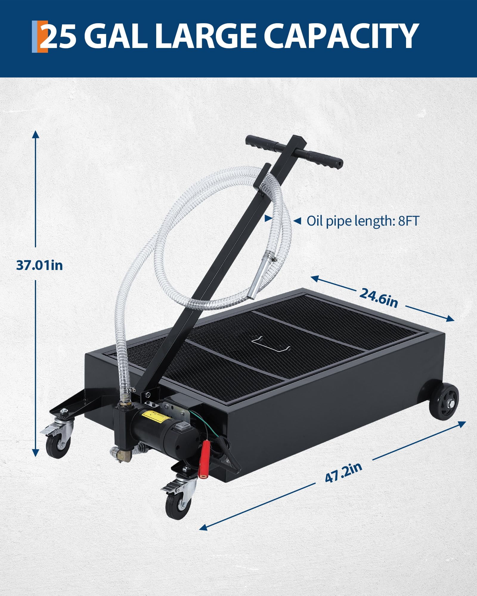 COZONY 25 Gallon Low Profile Oil Drain Pan w/ Folding Handle & Wheels, Oil Change Pan w/ 8FT Hose&12V Electric Pump,Black