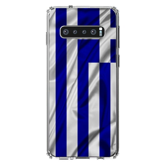 DistinctInk Clear Shockproof Hybrid Case for Samsung Galaxy S10 (6.1" Screen) - TPU Bumper, Acrylic Back, Tempered Glass Screen Protector - Greece Waving Flag