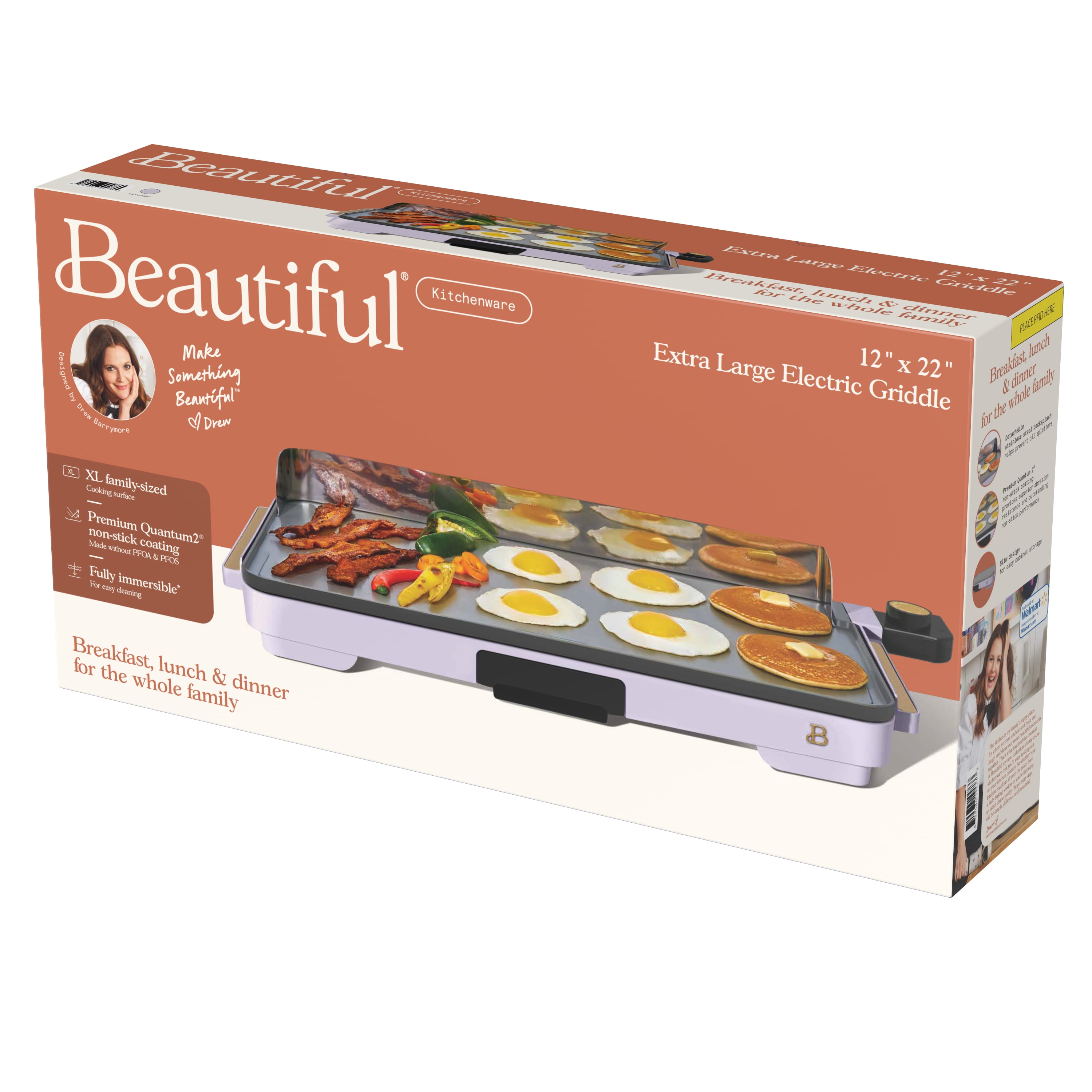 Beautiful XL Electric Griddle 12" x 22," Non-stick, Lavender by Drew Barrymore