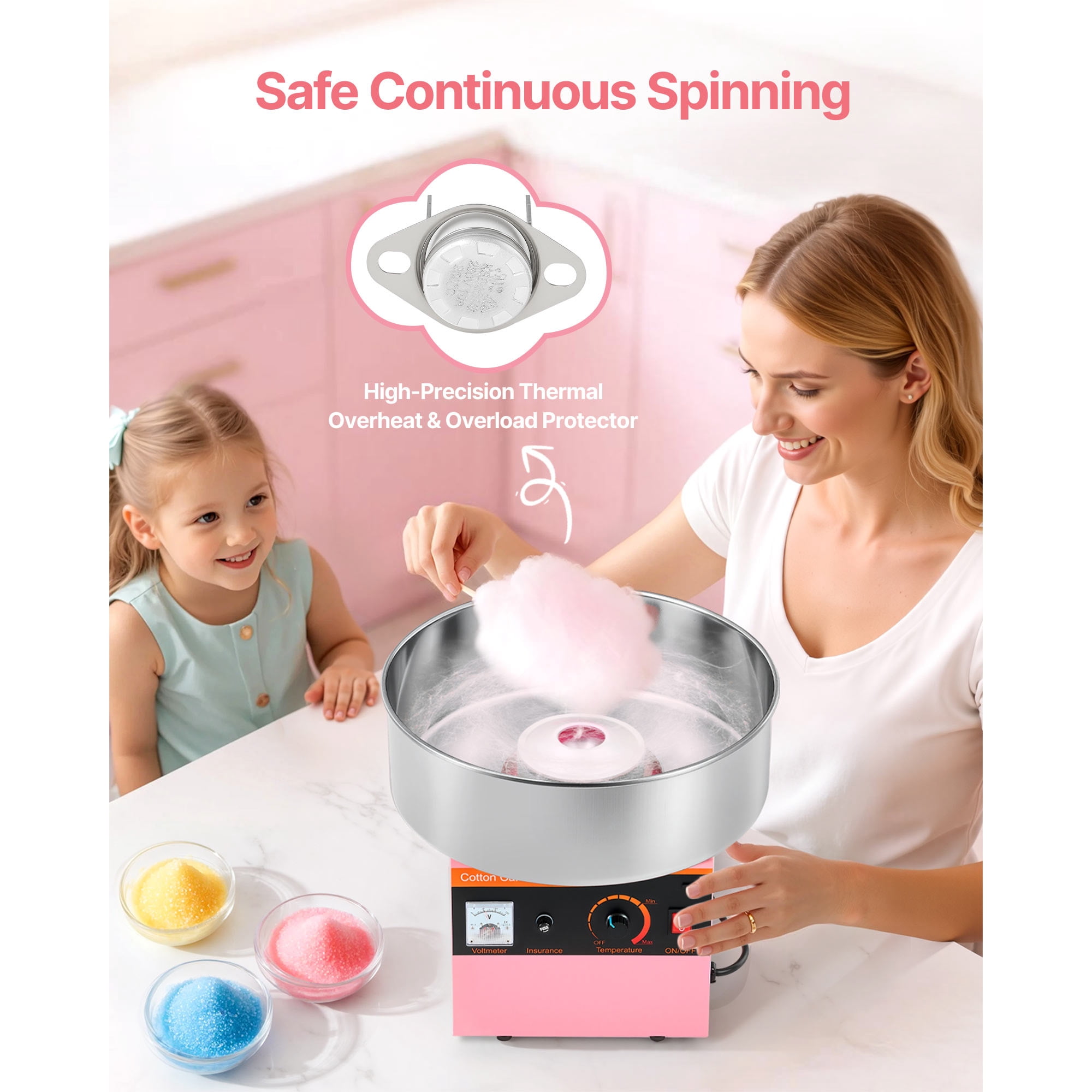 KFFKFF Commercial Cotton Candy Machine, 1000W Electric Floss Maker with 15-inch Stainless Steel Bowl and Sugar Scoop, Suitable for Hard Candy, Perfect for Home, Kids' Birthdays, and Family Gatherings