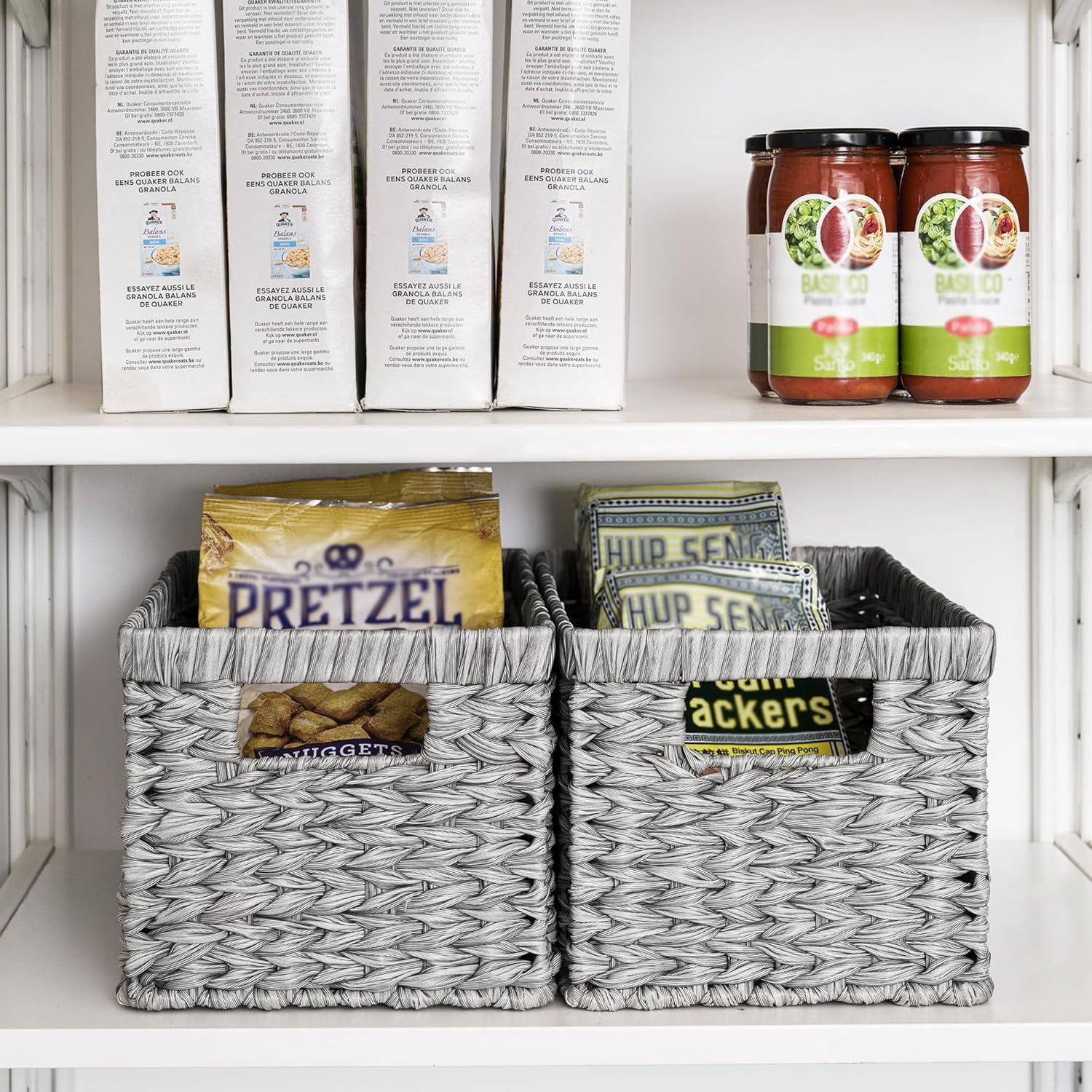 GRANNY SAYS Wicker Storage Baskets for Shelves, Waterproof Woven Baskets for Organizing, Hand Woven Rectangle Basket for Pantry, Gray, 2-Pack