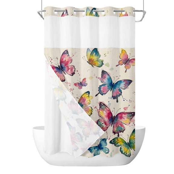 No Hook Shower Curtain with Snap-in Liner, Colorful Butterfly Waterproof Fabric Bathroom Curtains, Elegant Pastoral Butterflies Rustic Watercolor Bath Curtains & Mesh Top Window 54"x78"
