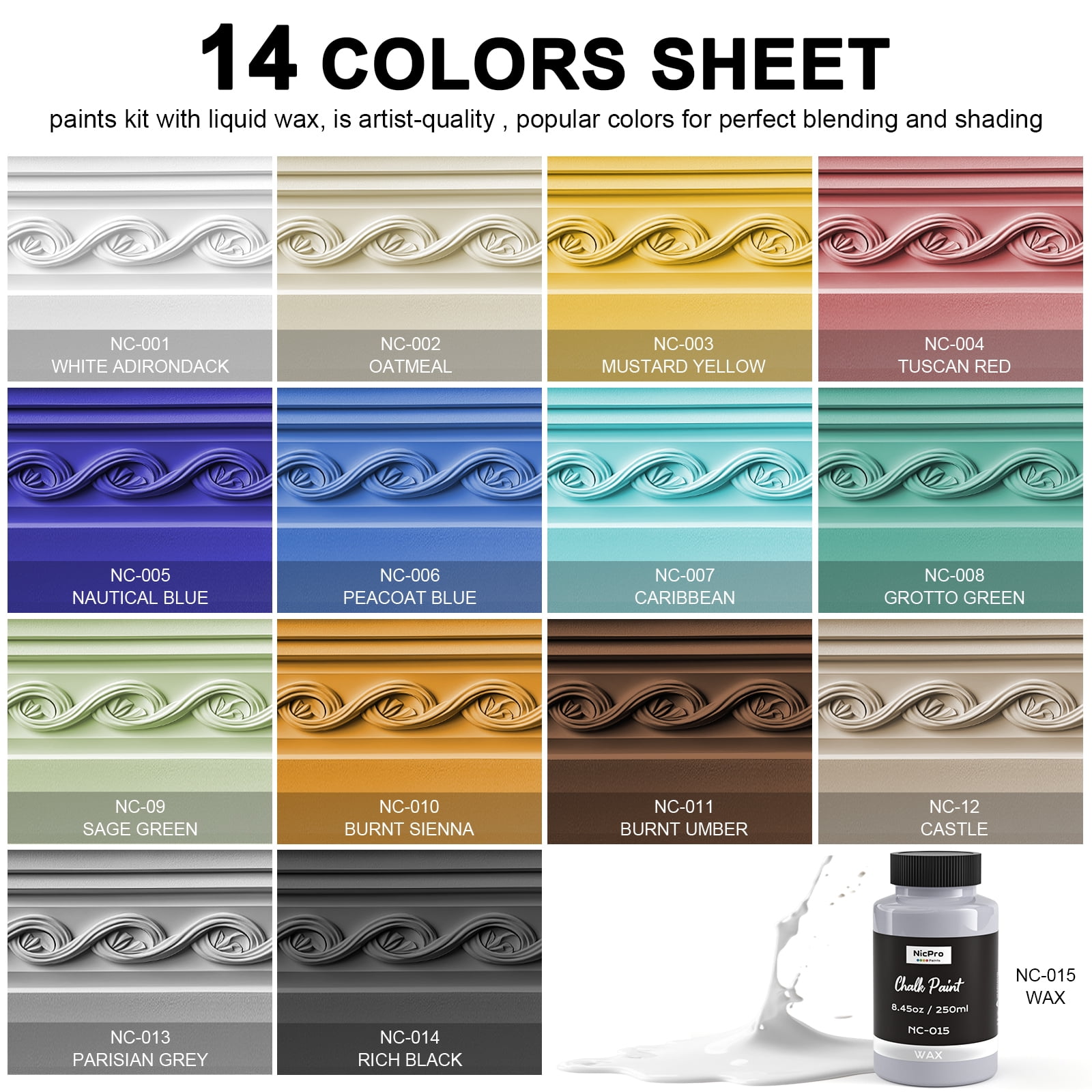 Nicpro 14 Colors Chalk Paint for Furniture, Ultra Matte Finish Acrylic Craft Paint Set (8.45 oz, 250ml) Chalk Furniture Paints with Liquid Wax, Color Wheel for Crafts, Home Decor, Beginner and Artist