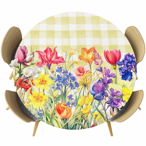 Yellow Plaid Tulip Table Cloth, Round Fitted Tablecloths with Elastic Edge, Spring Floral Watercolor Botanical Wipeable Waterproof Table Cover for Kitchen Wedding 36-44 Inches
