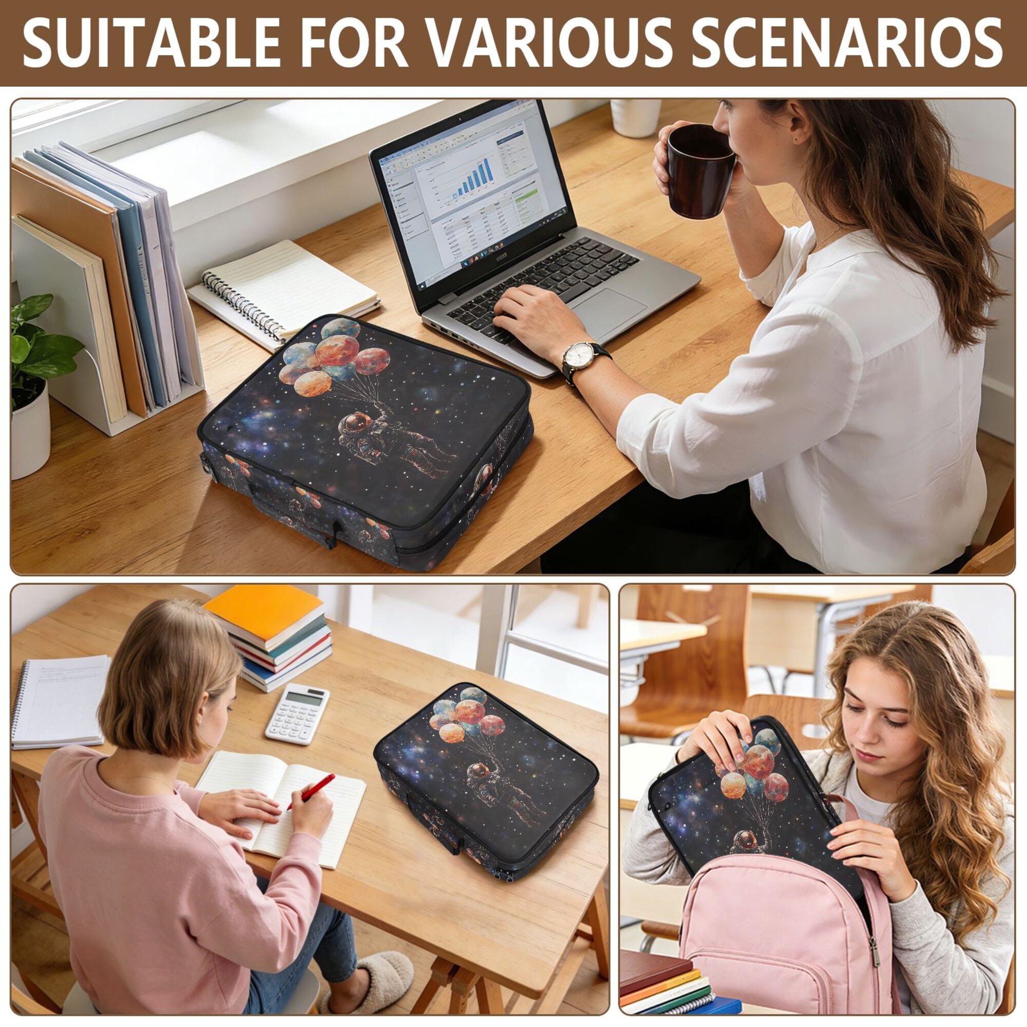 FORMRS Accordion File Folder A4 Size 7-Pocket Expanding Document Organizer Bag with 3 Ring Binder, Black Watercolor Space
