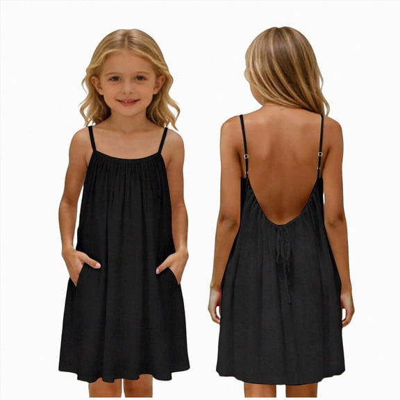 Xudanell Backless Cami Dress Girls Open Back Mini Linen Dress Spaghetti Strap Summer Beach Vacation Flowy Sundress for Kids (Black, 9-10 Years)