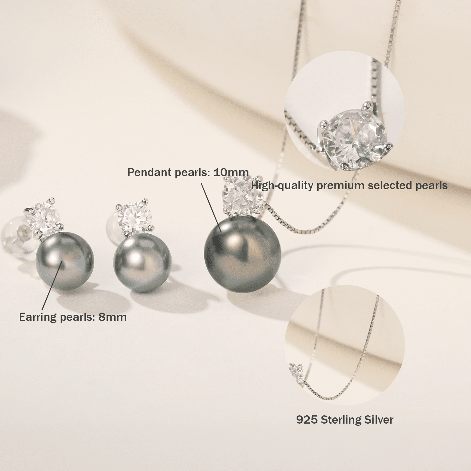 BAMIKI 8-10mm Black Cultured Pearl Earrings and Necklace Set for Women, 925 Sterling Silver Jewelry, Hypoallergenic Gift