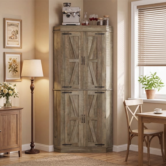 Farmhouse 71”Tall Corner Bar Cabinet,Heavy Duty Corner Kitchen Pantry Cabinet with 4 Doors&Shelves,Freestanding L Shape Buffet Hutch with Side Rack for Dining Room