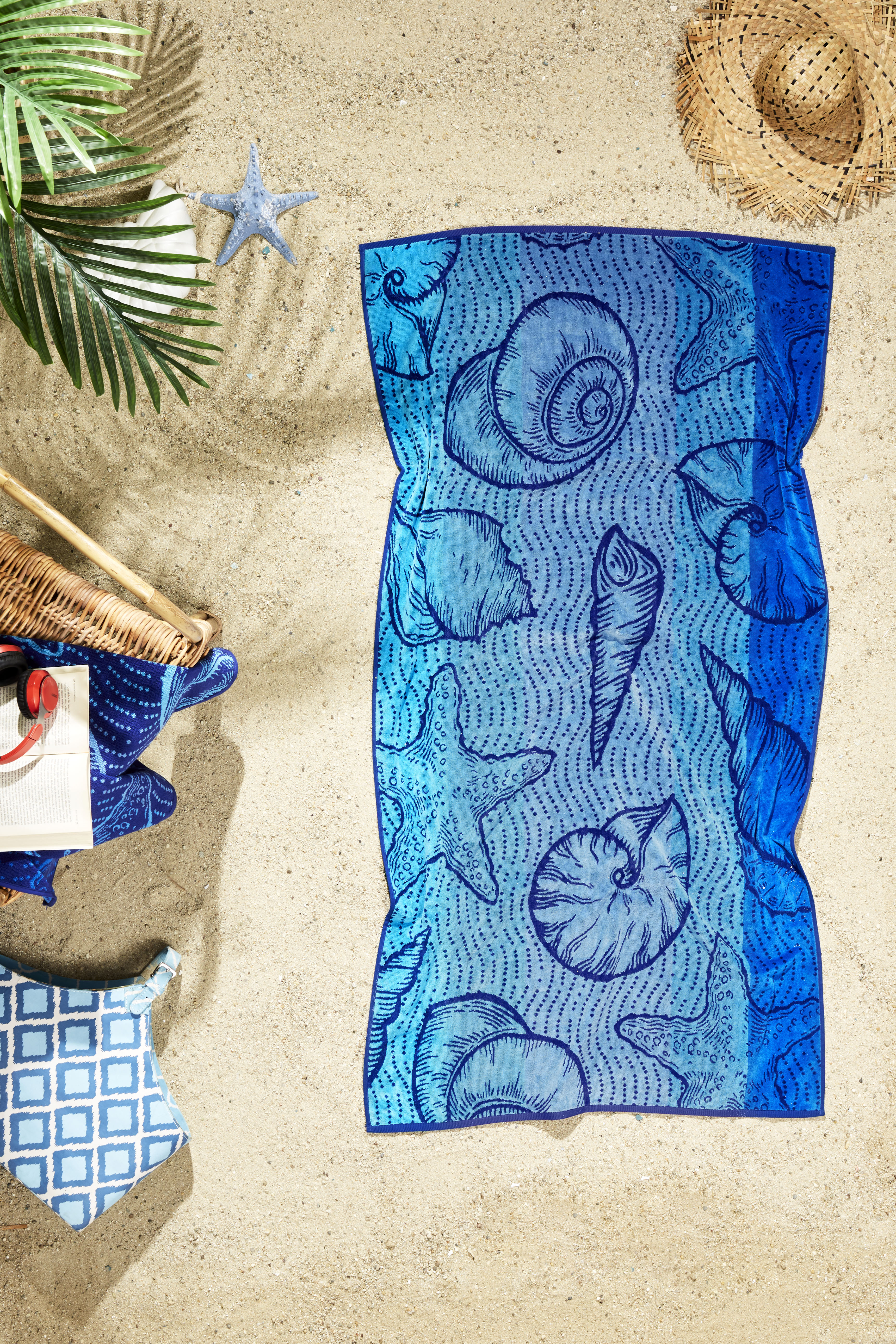 Ozdilek 34x64 Beach Towel - 100% Turkish Cotton, Luxury Soft Velour, Quick Dry, Absorbent, Fade-Resistant, Oversized Pool & Spa Towel,  Sea Shell Design, Eco-Friendly (Ocean Serenity)