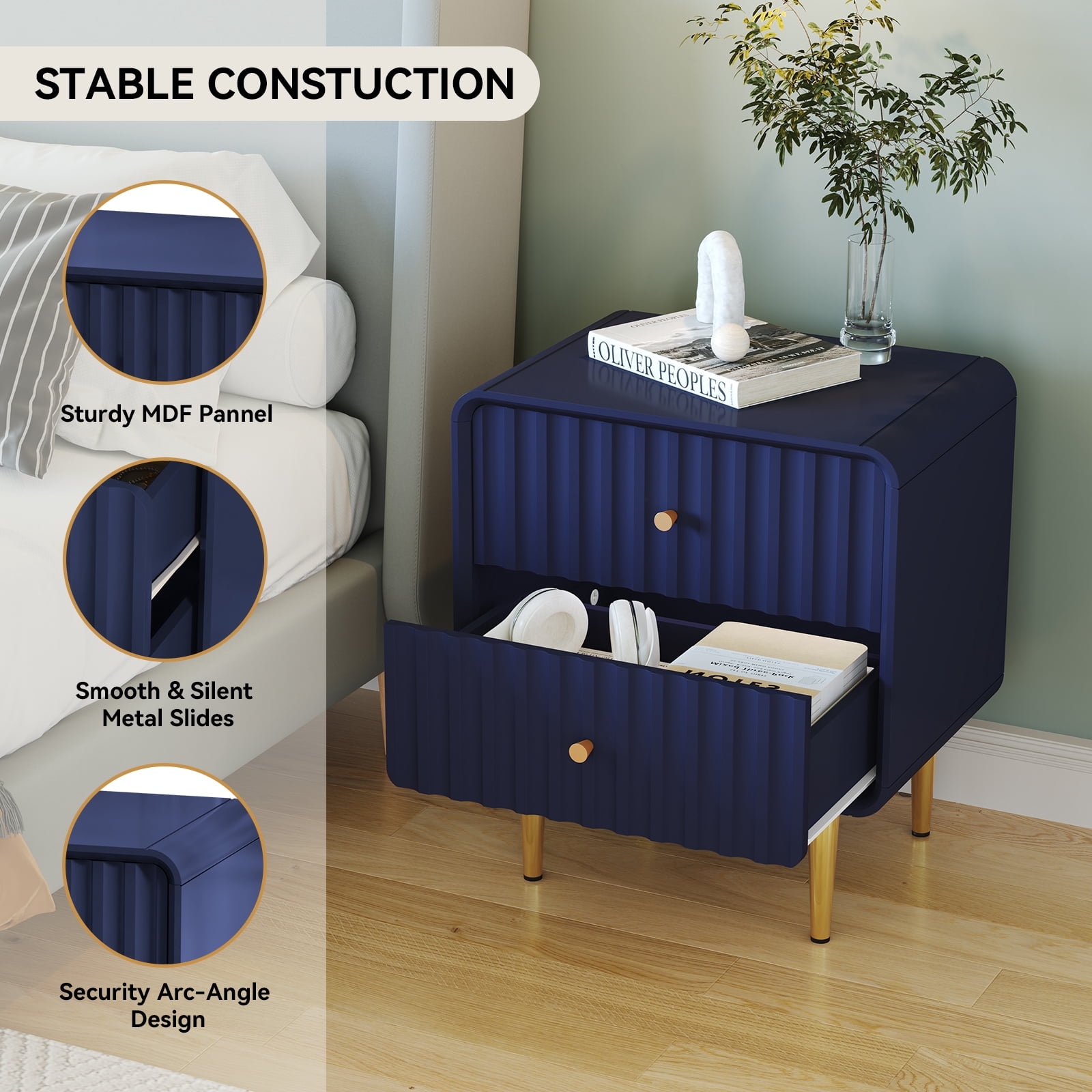 CBJCBJ 20" Modern Fluted Nightstand Set of 1, White Wood Bedside Table with 2 Drawers & Gold Metal Handles（BLUE)