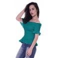 thumbnail image 5 of Moomaya Womens Off Shoulder Smocked Top Solid Short Sleeve Casual Summer Tops, 5 of 6