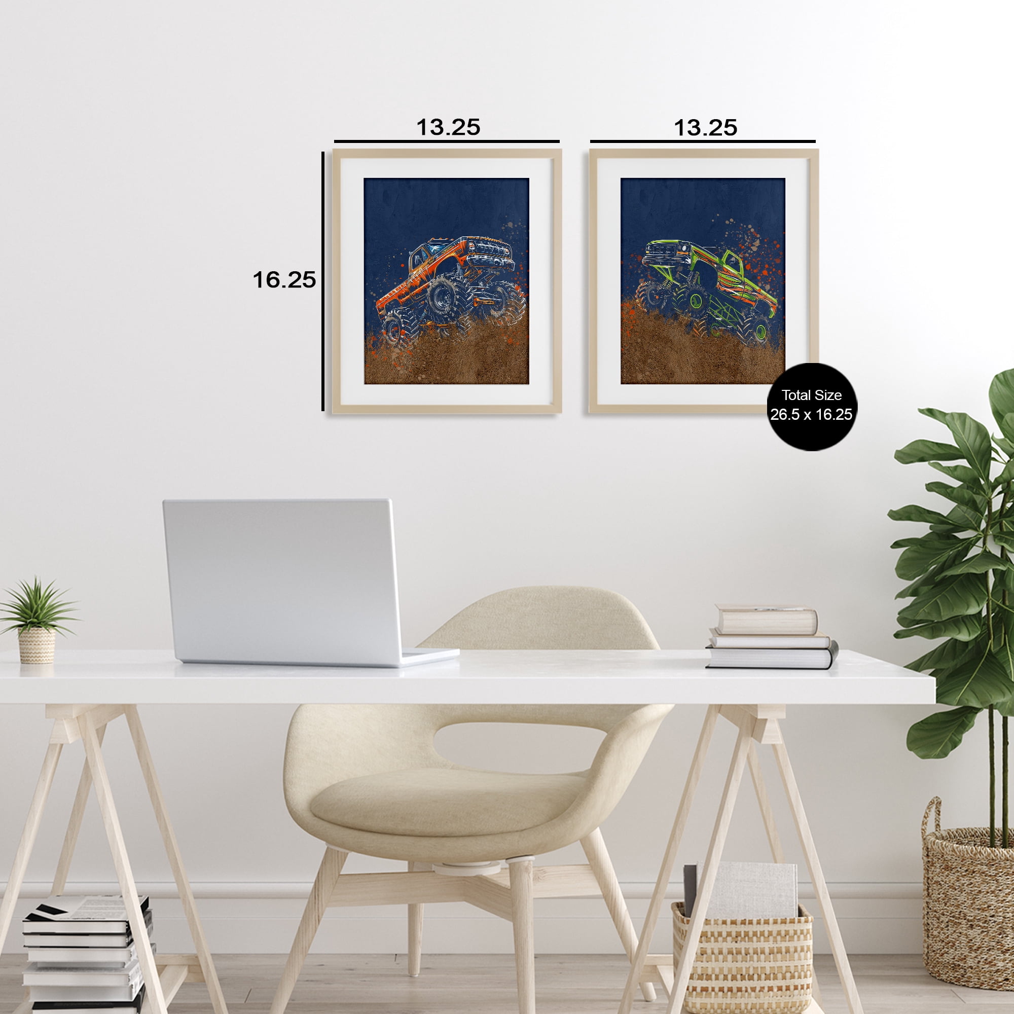 Monster Truck Jam 2 Piece Birch Framed Print Under Glass Set, design by Kim Allen