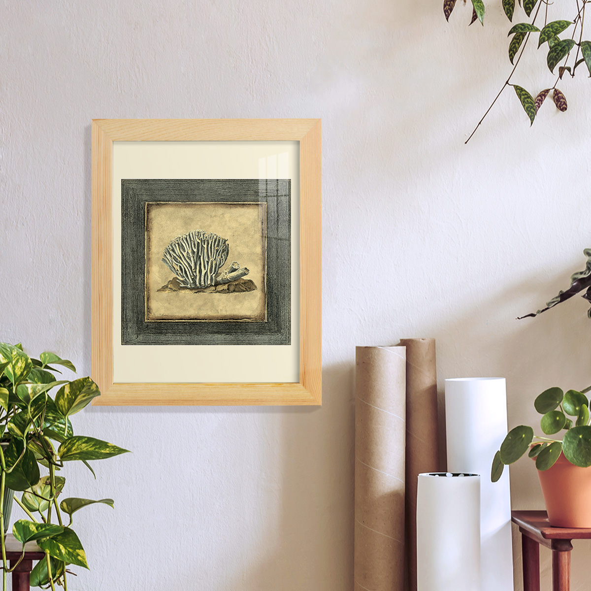 Mini Exotic Coral IX (U) - Framed Print w/glass - Natural Wood