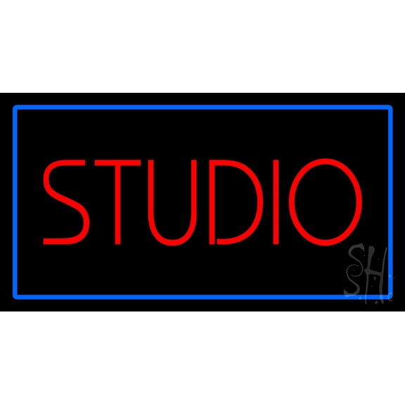 Red Studio Blue Rectangle LED Neon Sign 13 x 24 - inches, Black Square Cut Acrylic Backing, with Dimmer - Bright and Premium built indoor LED Neon Sign for art gallery, and exhibition.