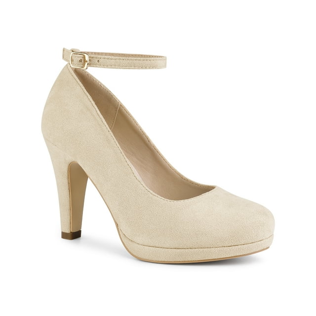 BLISSFUL STEP Escarpins à Talons Aiguilles pour Femmes à Bride à la Cheville, Bout Rond, Beige 7