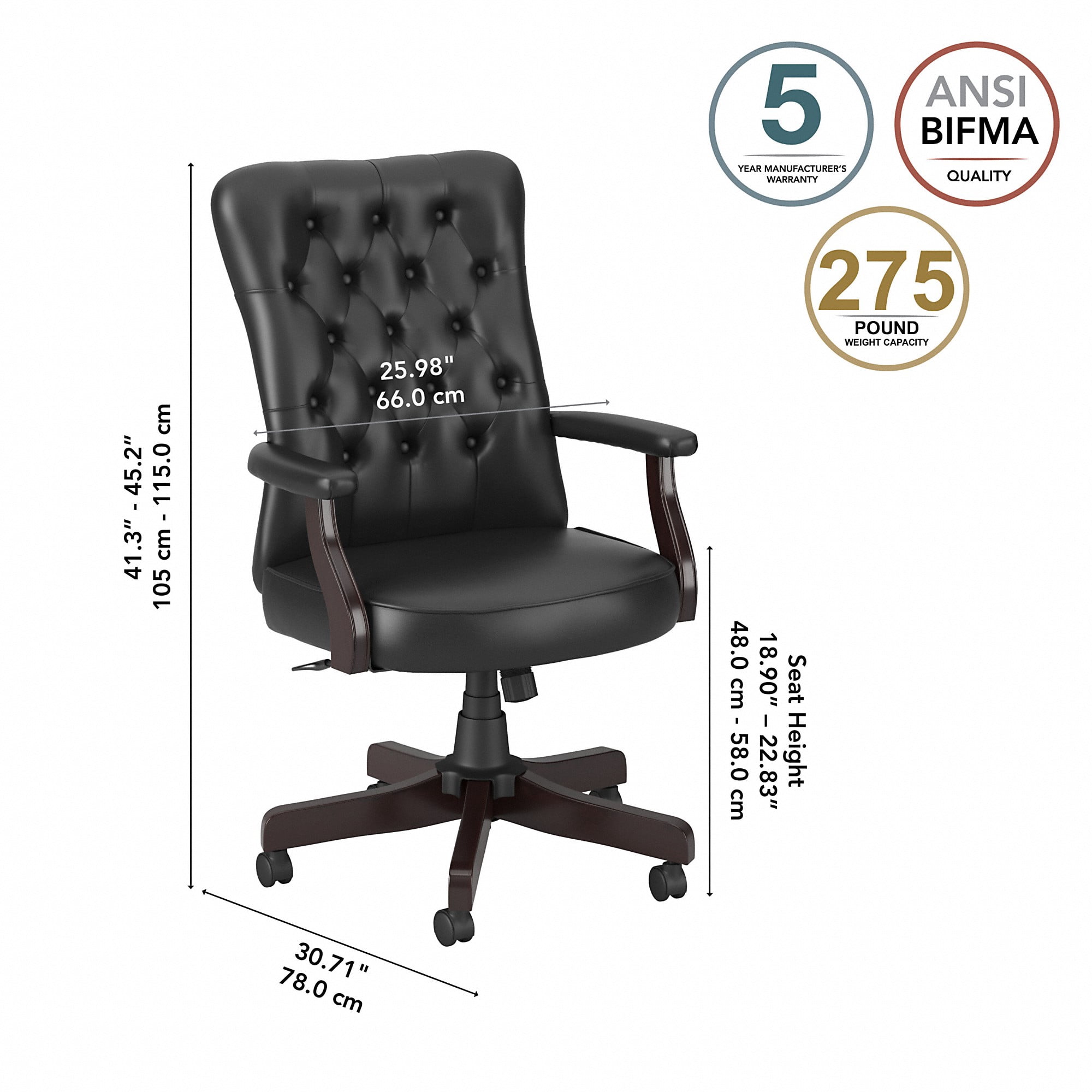 Bush Furniture Key West High Back Tufted Office Chair, Black Leather