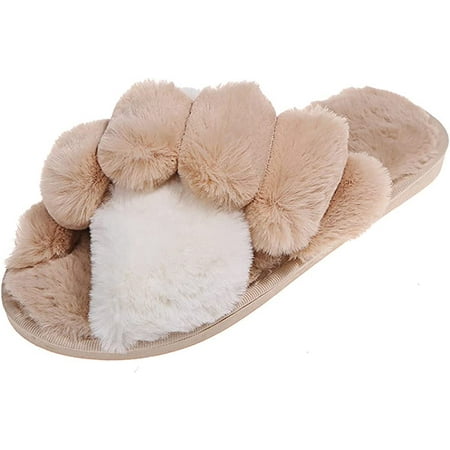 

DanceeMangoo Women s Open Toe Cross Band Slippers Soft Plush Furry Cozy House Shoes Indoor Outdoor Faux Fur Warm Comfy Slip On Slippers