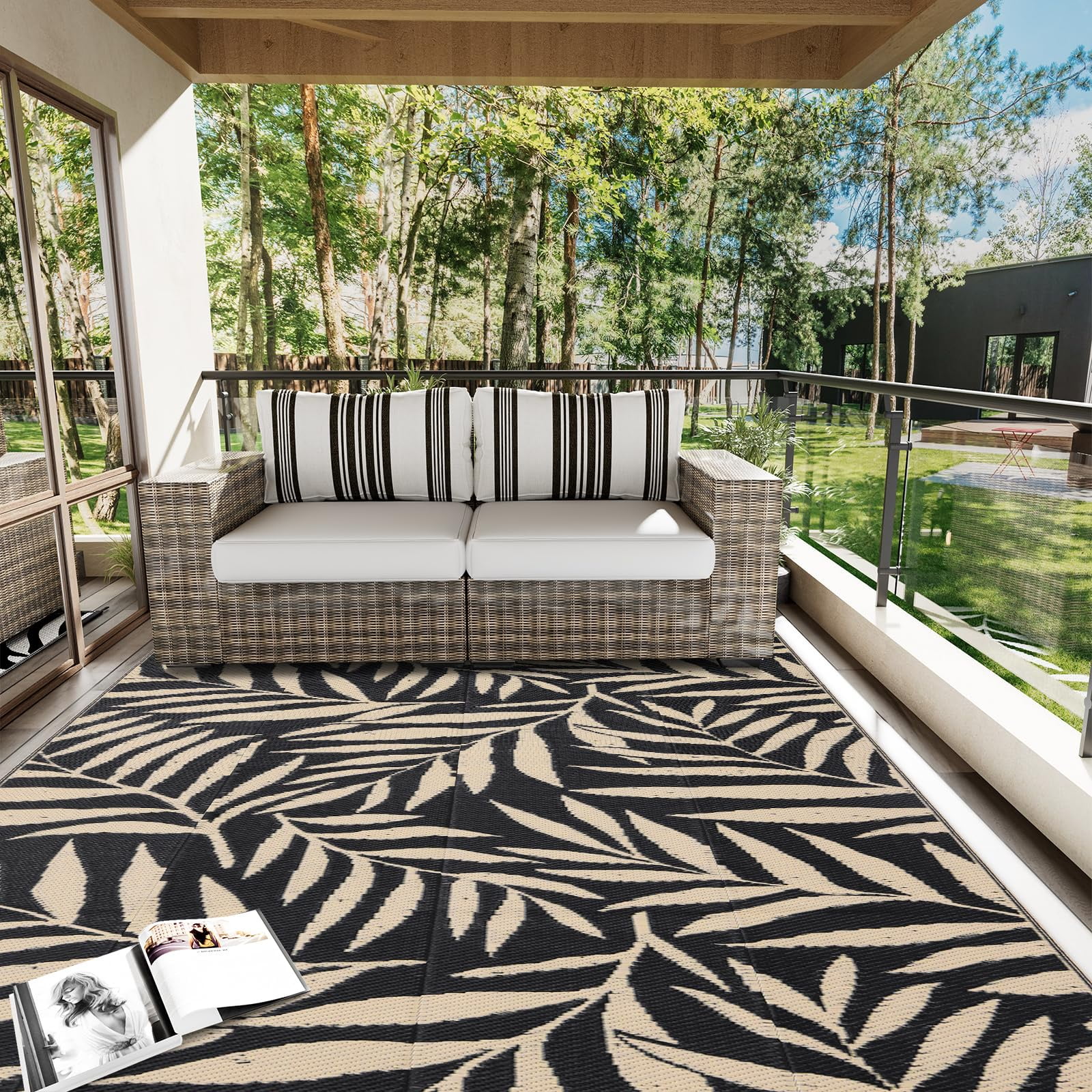 Smiry Outdoor Rugs 5x8, Waterproof Plastic Straw Indoor Outdoor Mat for Patio, RV Camping, Deck,Porch, Black & Beige