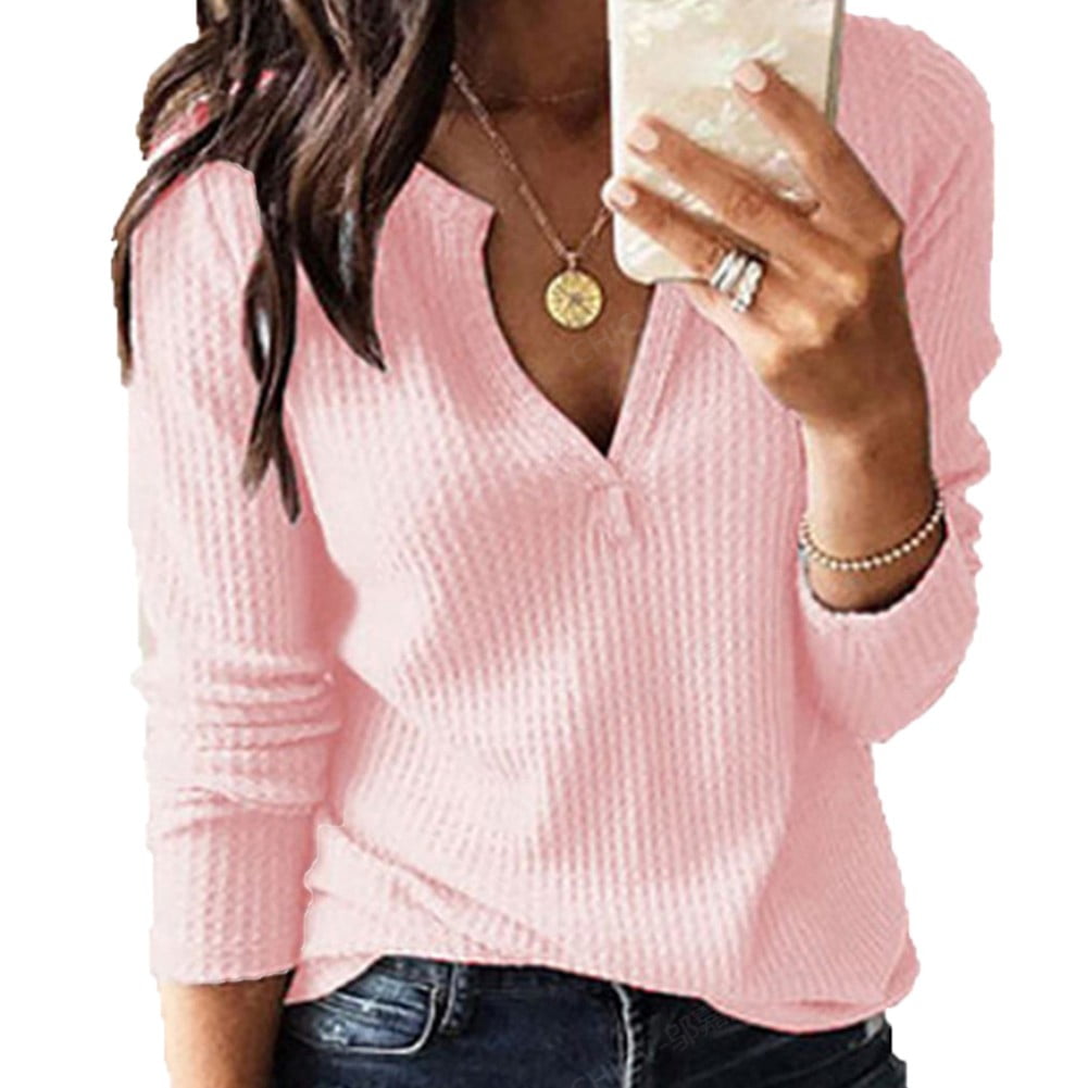 Womens Waffle Knit Long Sleeve Tunic Tops V Neck Henley Loose Blouses