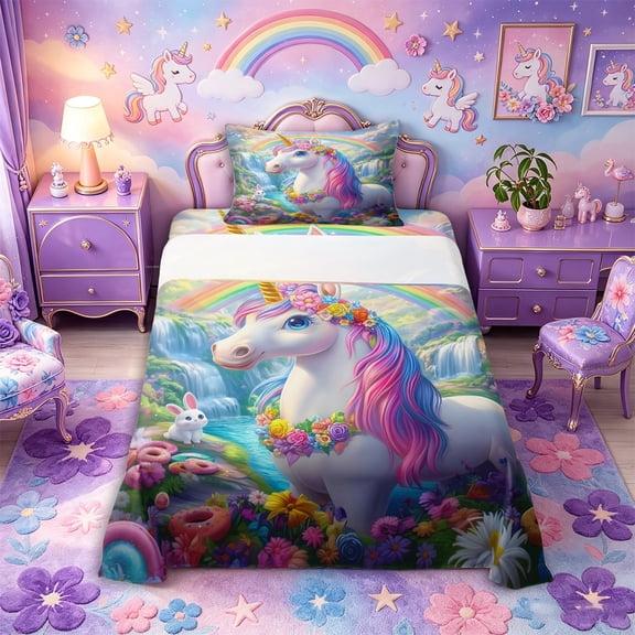Metsweet Magical Floral Unicorn Twin Sheets 3pcs, Kawaii Rainbow Rabbit Bedding,1 Fitted Sheet, 1 Flat Sheet and 1 Pillowcase