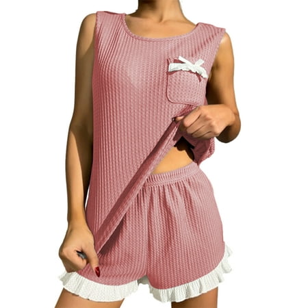

Woobling Women Loungwear Waffle Nightwear 2 Piece Outfits Sleepwear Ladies Loose Fit Summer Pjs Pink L