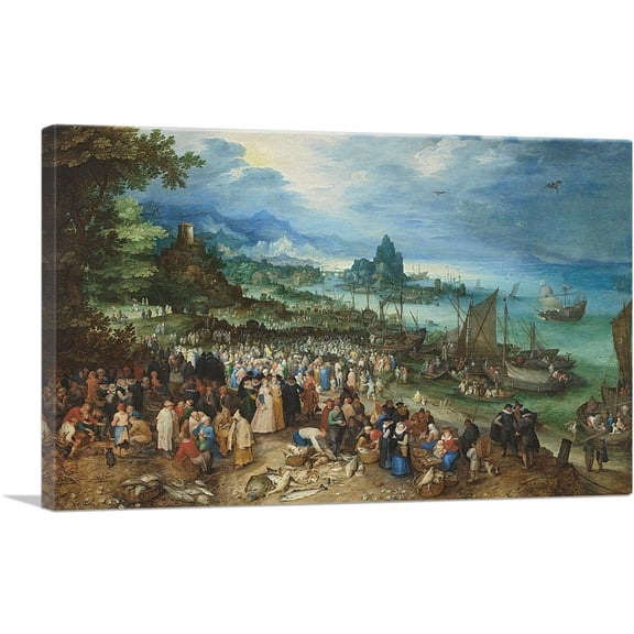 ARTCANVAS Harbour Scene With Christ Preaching 1598 Canvas Art Print by Jan Brueghel The Elder - Size: 12" x 8" (0.75" Deep)