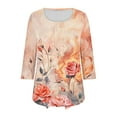 thumbnail image 7 of JTZGDY Summer Tunic Tops for Women Dressy Casual 2025 Fashion 3/4 Lenght Sleeve Floral Printed Ruched Pleated Crewneck Graphic T-Shirts Loose Fit Curvy Hem Blouse Orange L, 7 of 7
