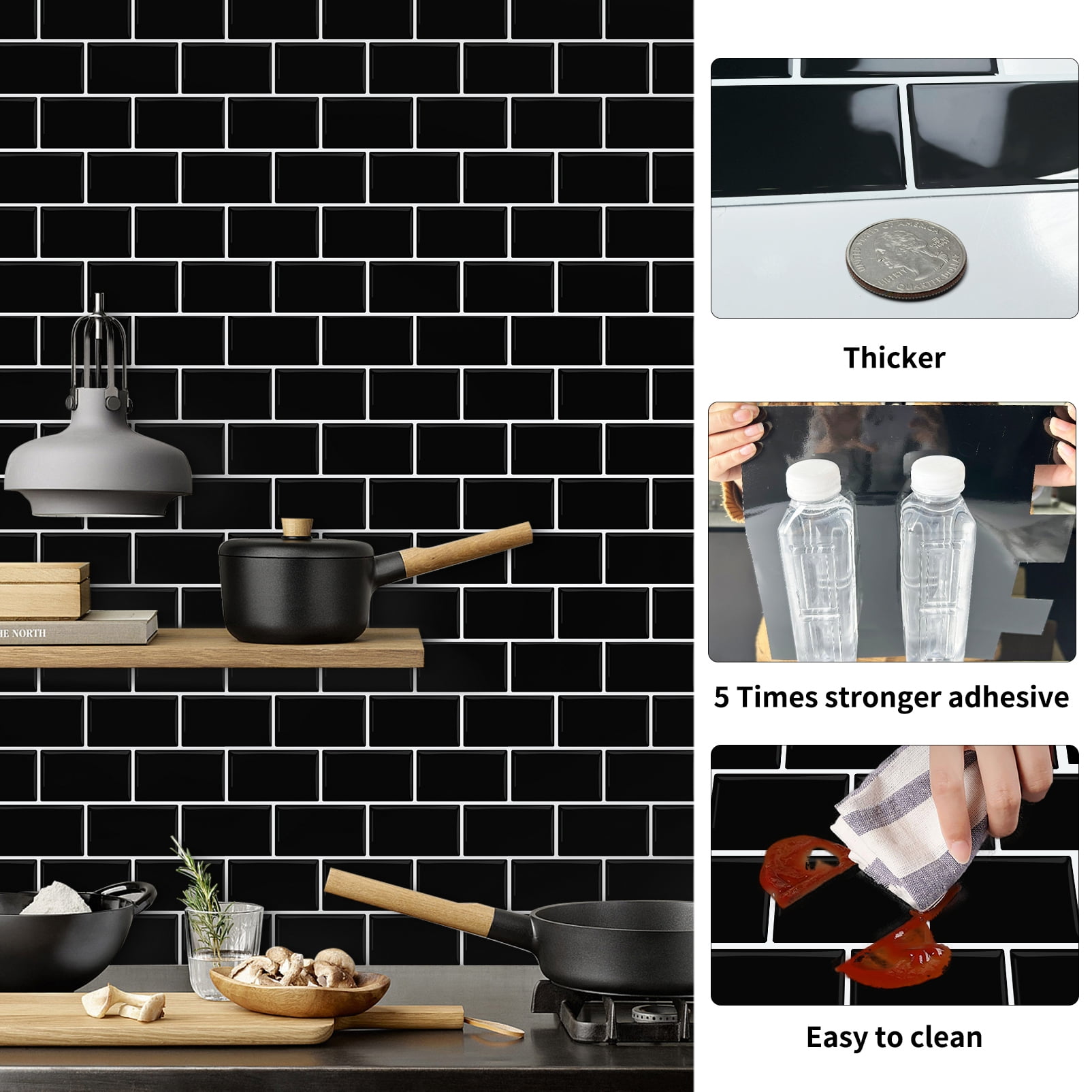 DEWOO Peel and Stick Backsplash - 10 Sheets of 12"×12" - 3D Adhesive Peel and Stick Tile Backsplash for Kitchen, Bathroom, Wall Tile, Black