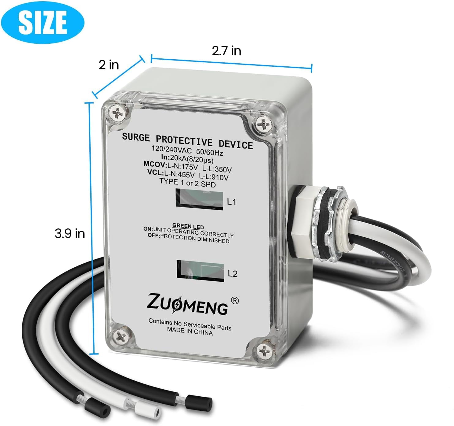 Zuomeng 120/240VAC HVAC Surge Protector, 20kA Absorption, Dual LED Indicators, 3 Protection Types