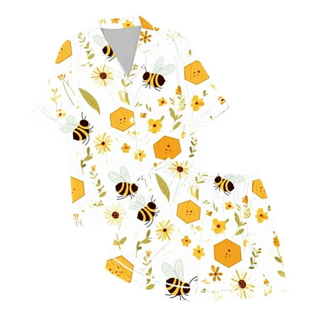 Sjldqy Toddler Girls Outfits Summer Soft Breathable Collared Bee Print Short Sleeve Button Down Shirt And Shorts Lounge Set Size 4-5 Years White
