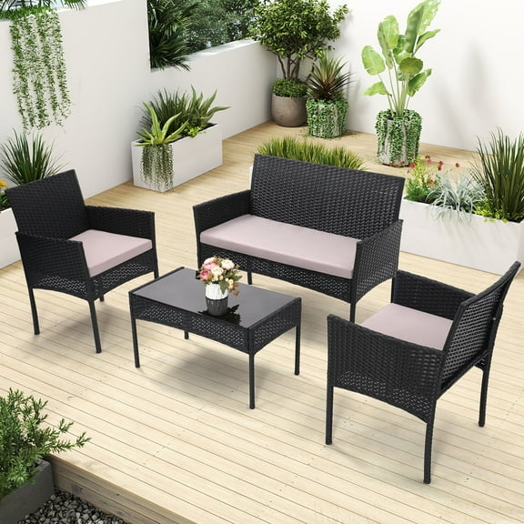 LOGYAT 4 Piece Patio Furniture Set Outdoor, All-Weather Wicker Bistro with Loveseat & 2 Chairs, Extra Long Coffee Table, Boho Rattan Conversation Set for Garden, Balcony, Porch, Black