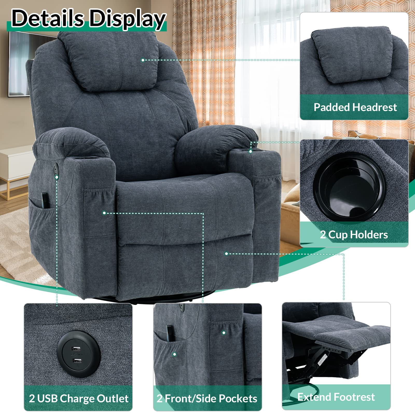 VIVIJASON Manual Massage Rocker Recliner Chair, 360° Swivel Glider Lounge Chair with Heat Ergonomic Home Theater Recliner Sofa with 2 Cup Holders, Side Pockets & USB Ports for Living Room, Bluish Grey