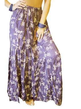 Mogul Women Maxi Long Skirt Purple Vintage Bicycle Print Tiered Cotton Boho Skirts