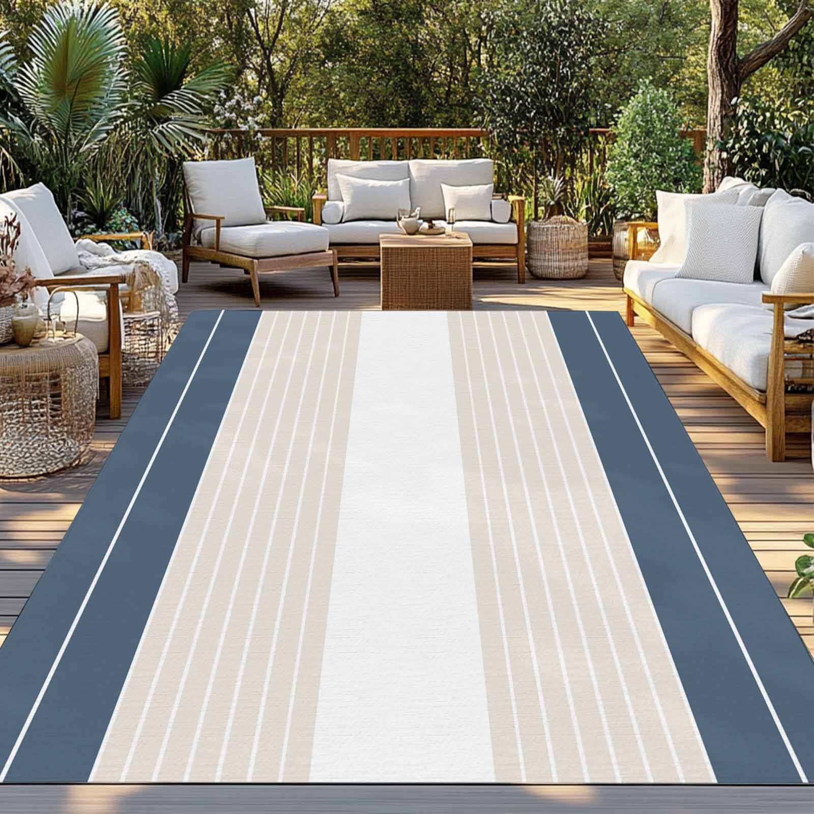 Haze Blue Beige Stripe Outdoor Rug 6x9 Ft - Reversible Patio Rug Outdoor Camping Rugs, Modern Art Horizontal Striped Washable Indoor Outdoor Area Rugs, Non-Slip Outdoor Carpet Runner for Deck/Porch