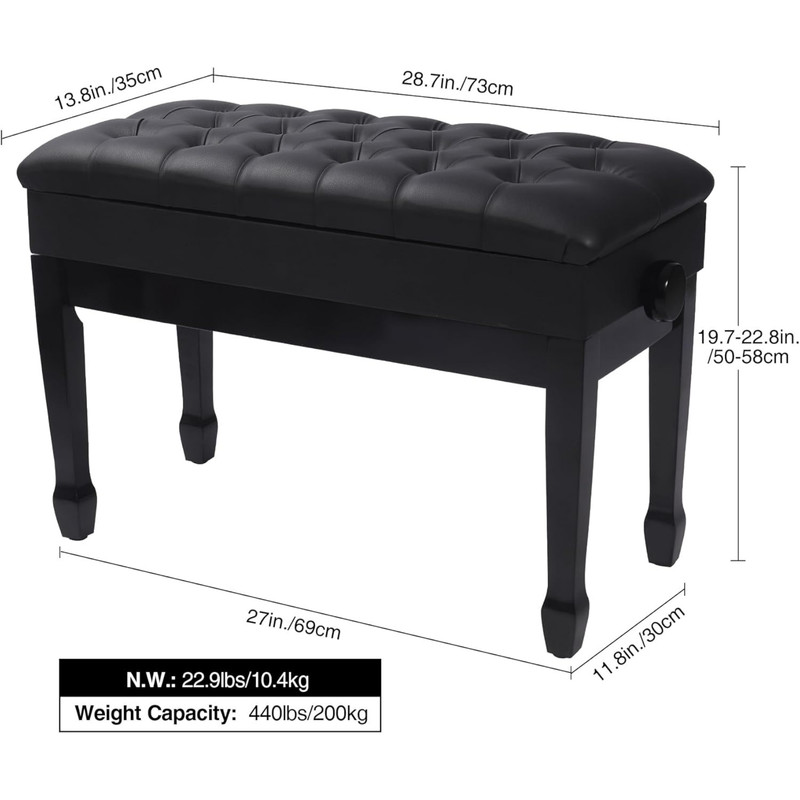 REDCAMP Adjustable Duet Piano Bench with Storage,Heavy Duty Wooden Double Keyboard Piano Bench Seat with PU Leather Cushion,Black
