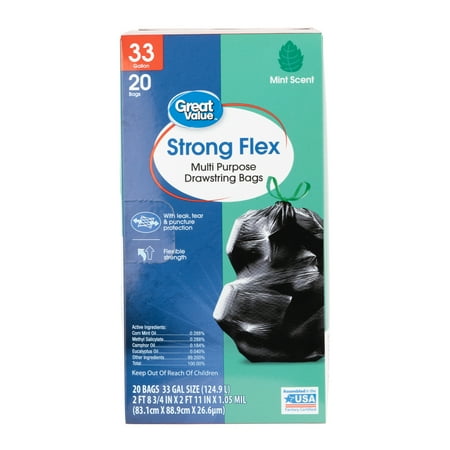 Great Value Multipurpose Trash Bags, Mint Scent, Strong Flex, 33 Gallon, 20 Count