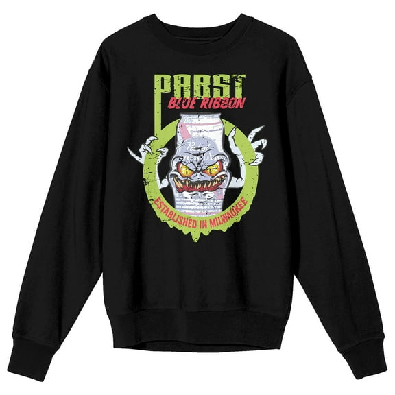 Pabst Blue Ribbon Ghostly Beer Can Crew Neck Long Sleeve Black Adult Sweatshirt-Medium