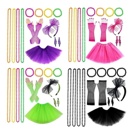 

MEGAWHEELS 80s Party Neon Lace Costume Set Skirt Headband Earrings Gloves