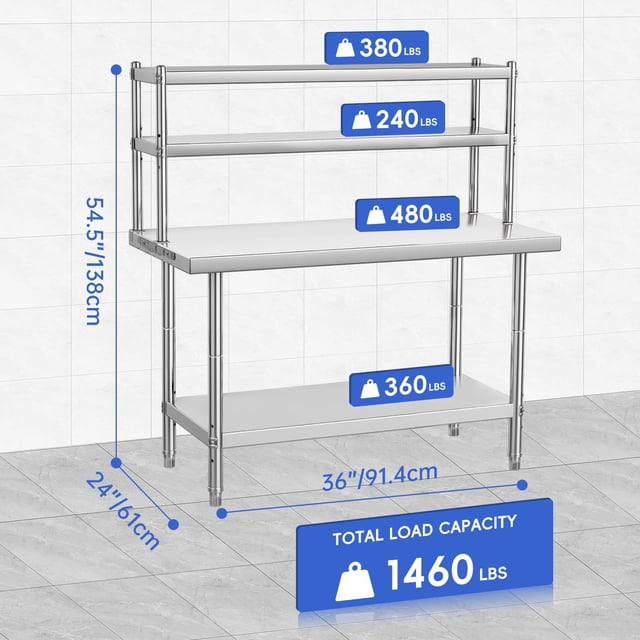 EDTara Table de Travail en Acier Inoxydable, Table de Préparation Robuste pour Cuisines Commerciales avec Étagère de Rangement, Étagères Réglables et Crochets Utilitaires, Îlot de Cuisine Idéal Ou Établi de Préparation Alimentaire
