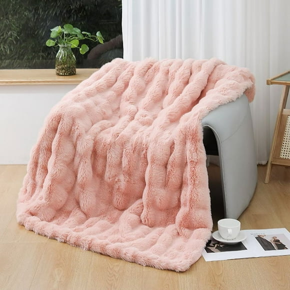 Luxury Faux Fur Throw Blanket Super Soft Oversized Thick Warm Afghan Reversible to Plush Velvet in Tan Grey Wolf, Cream Mink or Blush Chinchilla, Machine Washable (Chinchilla, 60Wx70L) A252