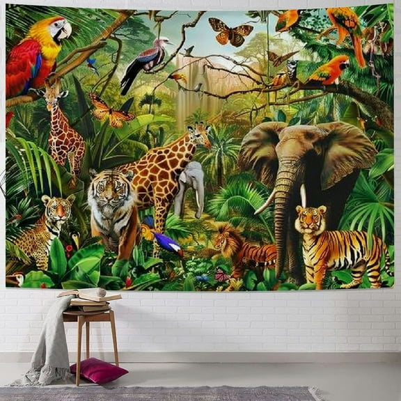 BCIIG African Wildlife Tapestry Tropical Rainforest Plant Trees Tapestry Animal Elephant Tiger Wall Hanging Tapestries GTXTUH252
