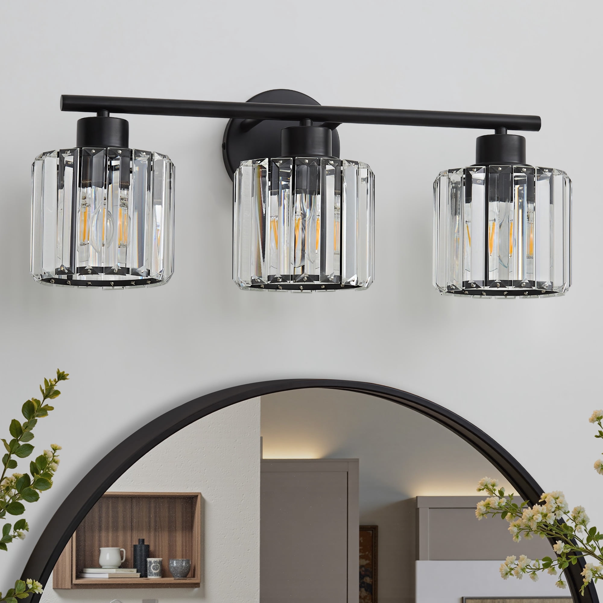 Deyidn Black Vanity Light, 3-Light Modern Bathroom Fixture with K9 Crystal Shades, 22 Inches, Dimmable